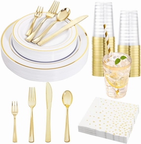 Ciaell 250PCS White and Gold Plastic Plates - Gold Disposable Plastic Plates Sets include 50Plates, 25Knives, 25Forks, 25Spoons, 25Mini Fork, 25 Cups, 25Paper Straws, 50Napkins for Thanksgiving, Party