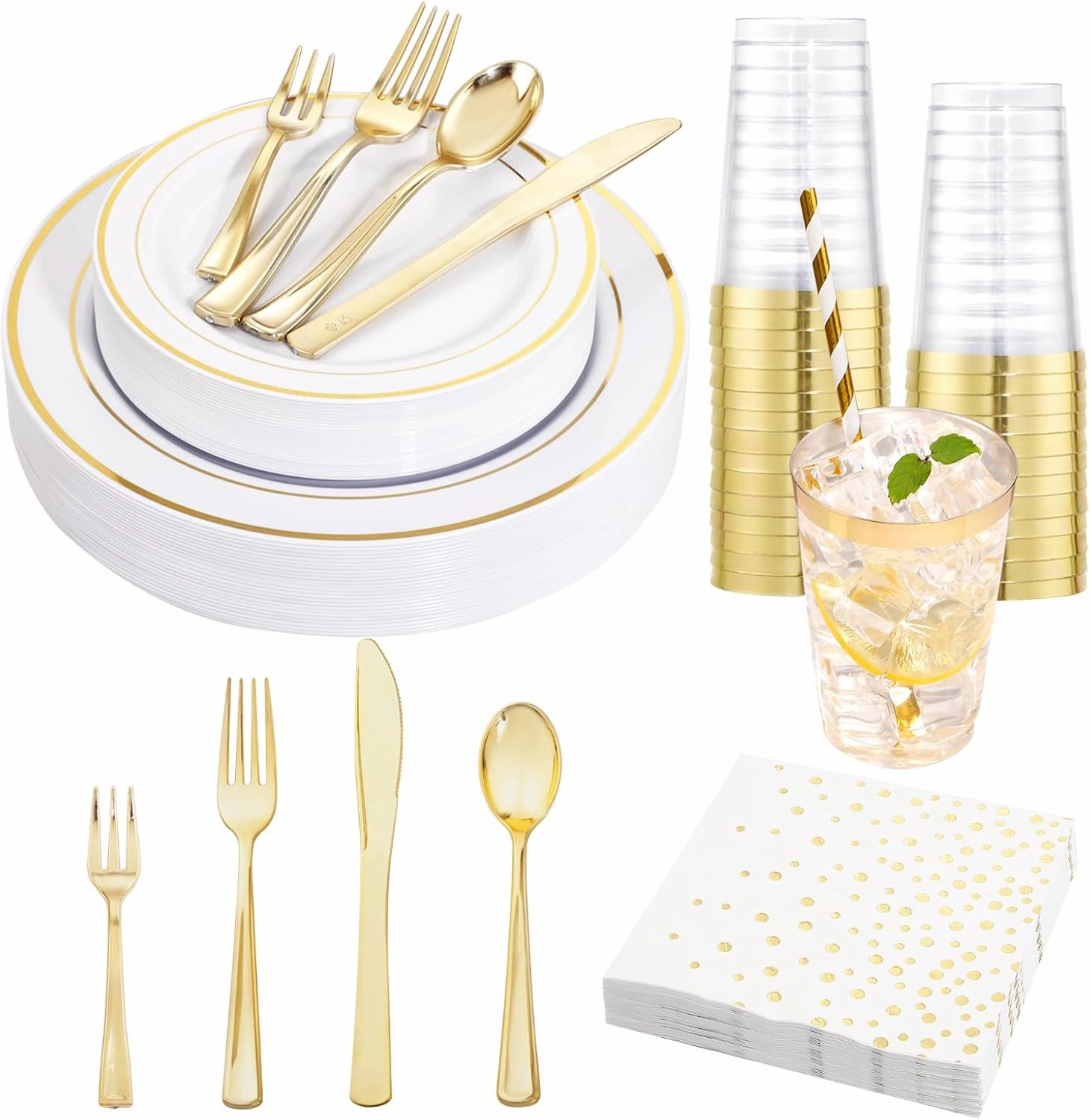 Ciaell 250PCS White and Gold Plastic Plates - Gold Disposable Plastic Plates Sets include 50Plates, 25Knives, 25Forks, 25Spoons, 25Mini Fork, 25 Cups, 25Paper Straws, 50Napkins for Thanksgiving, Party