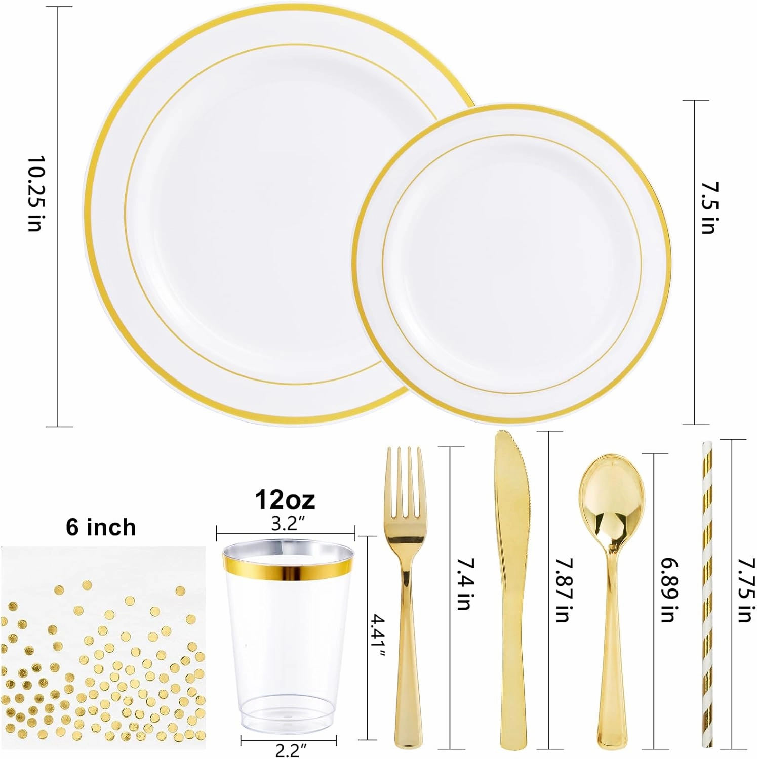 Ciaell 250PCS White and Gold Plastic Plates - Gold Disposable Plastic Plates Sets include 50Plates, 25Knives, 25Forks, 25Spoons, 25Mini Fork, 25 Cups, 25Paper Straws, 50Napkins for Thanksgiving, Party