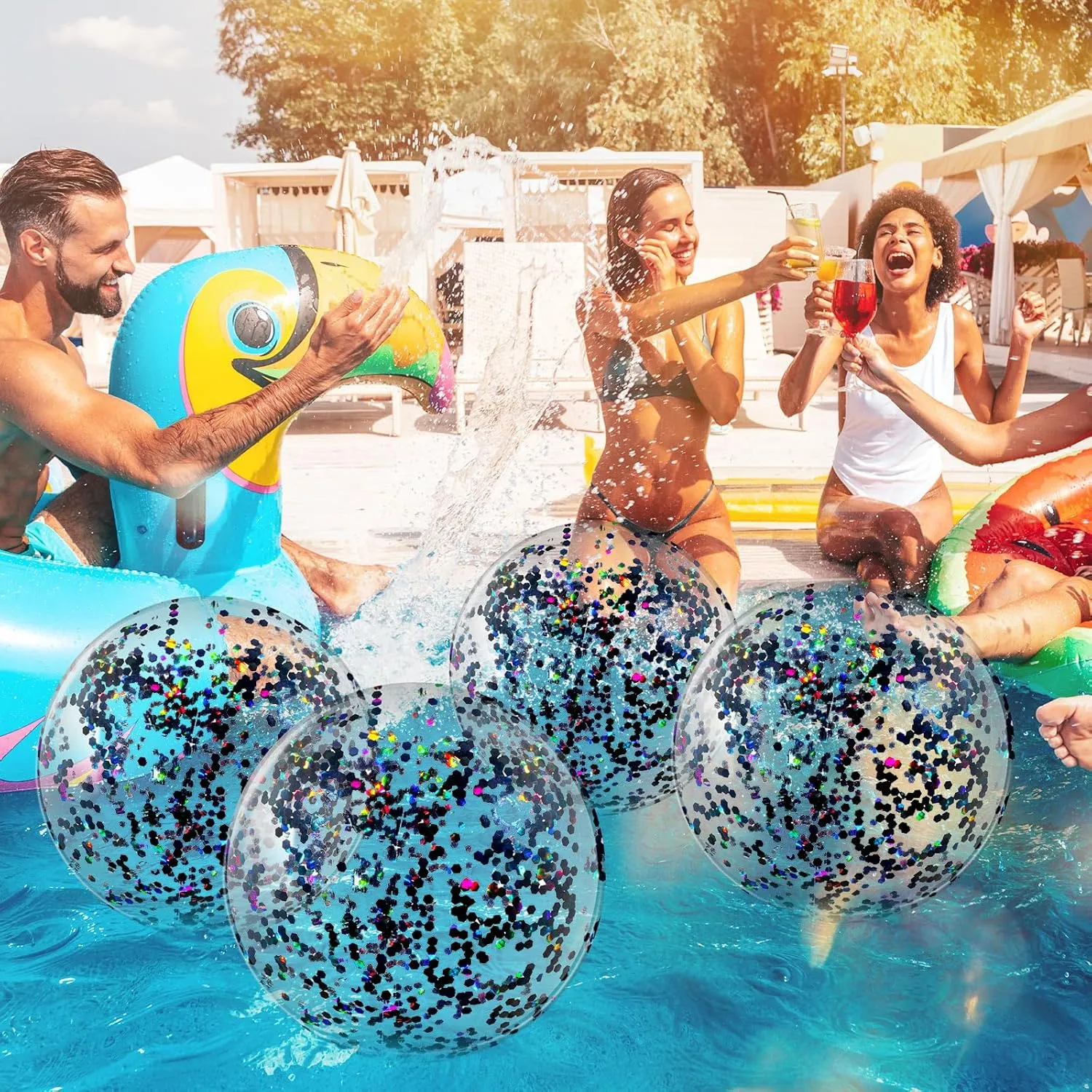 Civaner 10 Pieces Inflatable Beach Balls 16 Inch Glitter Summer Swimming Pool Balls Wedding Outdoor Decor Ornaments Floatable Confetti Decoration for Beach Xmas Party Favor(Black,Glitter)