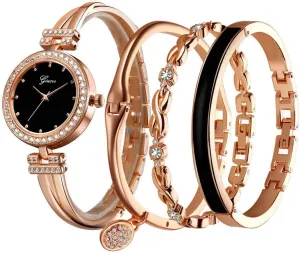 Clastyle Rose Gold Watch and Bracelet Set for Women Elegante Rhinestone Wrist Watch with 3 Bangles Glitter Ladies Bracelet Watch Set Gift