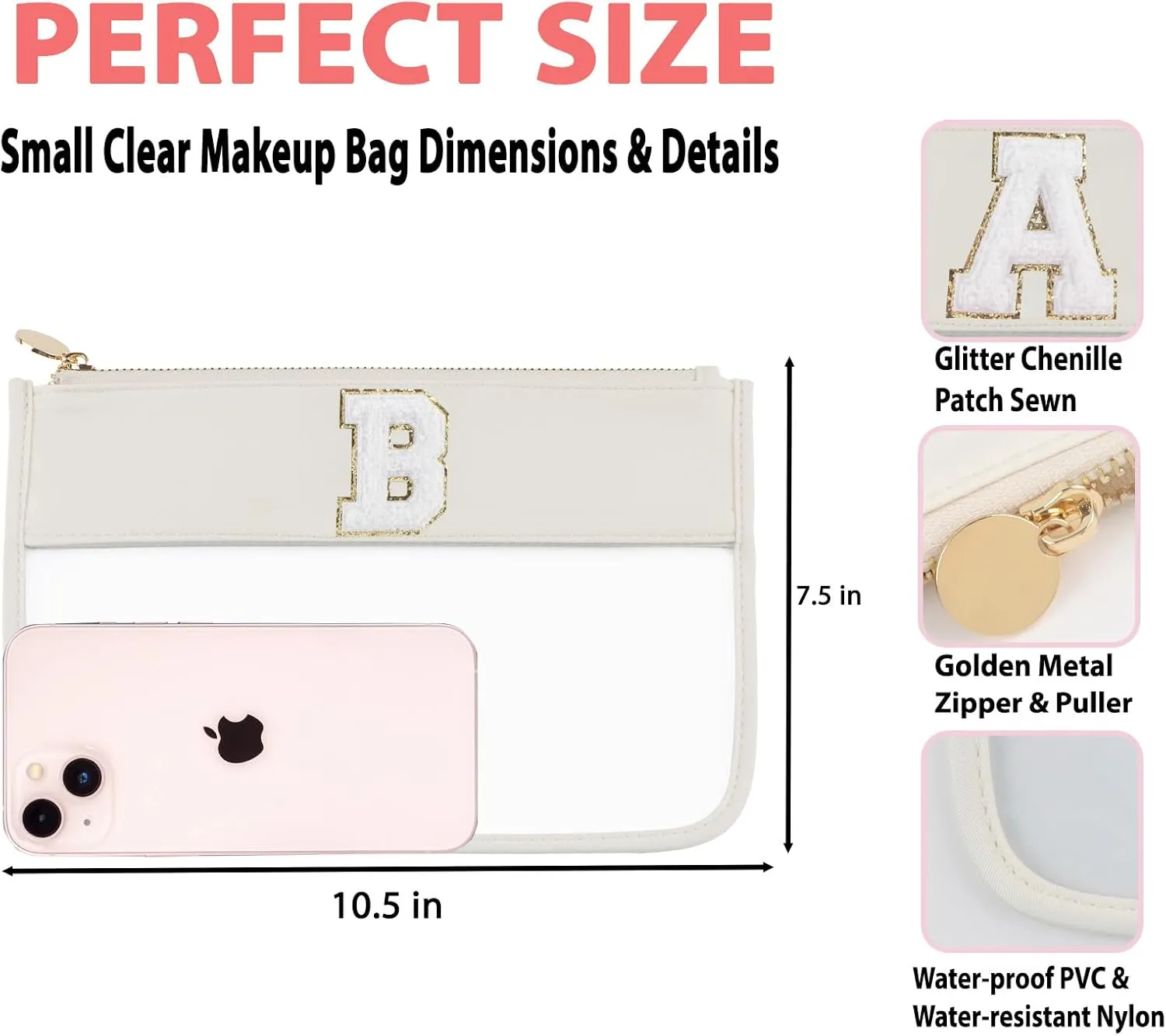 Clear Makeup Bag Set 2pcs Glitter Chenille Monogram Snacks Travel Essentials Flat Zipper Pouch Cosmetic Brush for Women (Beige Set- B)