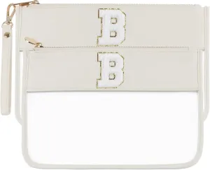 Clear Makeup Bag Set 2pcs Glitter Chenille Monogram Snacks Travel Essentials Flat Zipper Pouch Cosmetic Brush for Women (Beige Set- B)