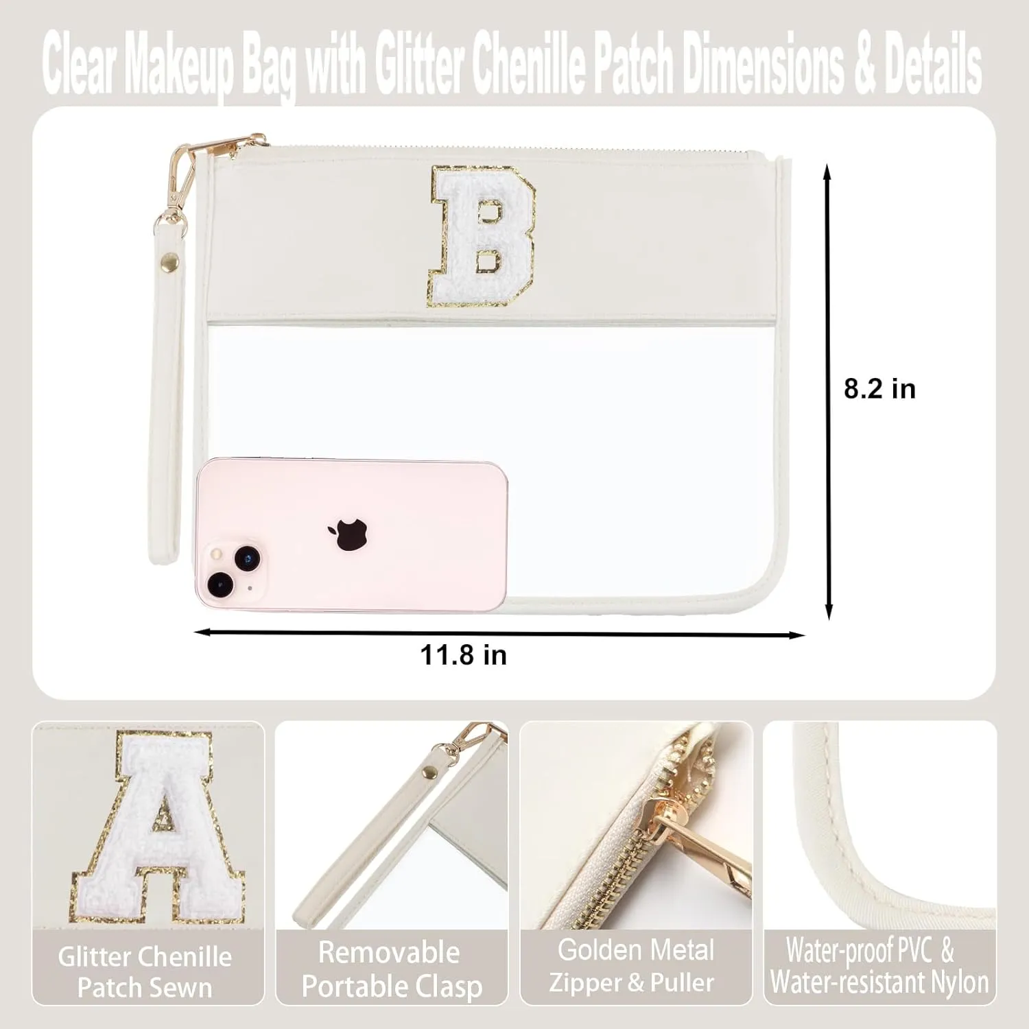 Clear Makeup Bag Set 2pcs Glitter Chenille Monogram Snacks Travel Essentials Flat Zipper Pouch Cosmetic Brush for Women (Beige Set- B)
