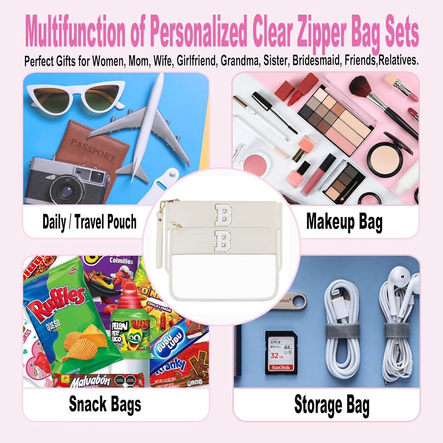 Clear Makeup Bag Set 2pcs Glitter Chenille Monogram Snacks Travel Essentials Flat Zipper Pouch Cosmetic Brush for Women (Beige Set- B)