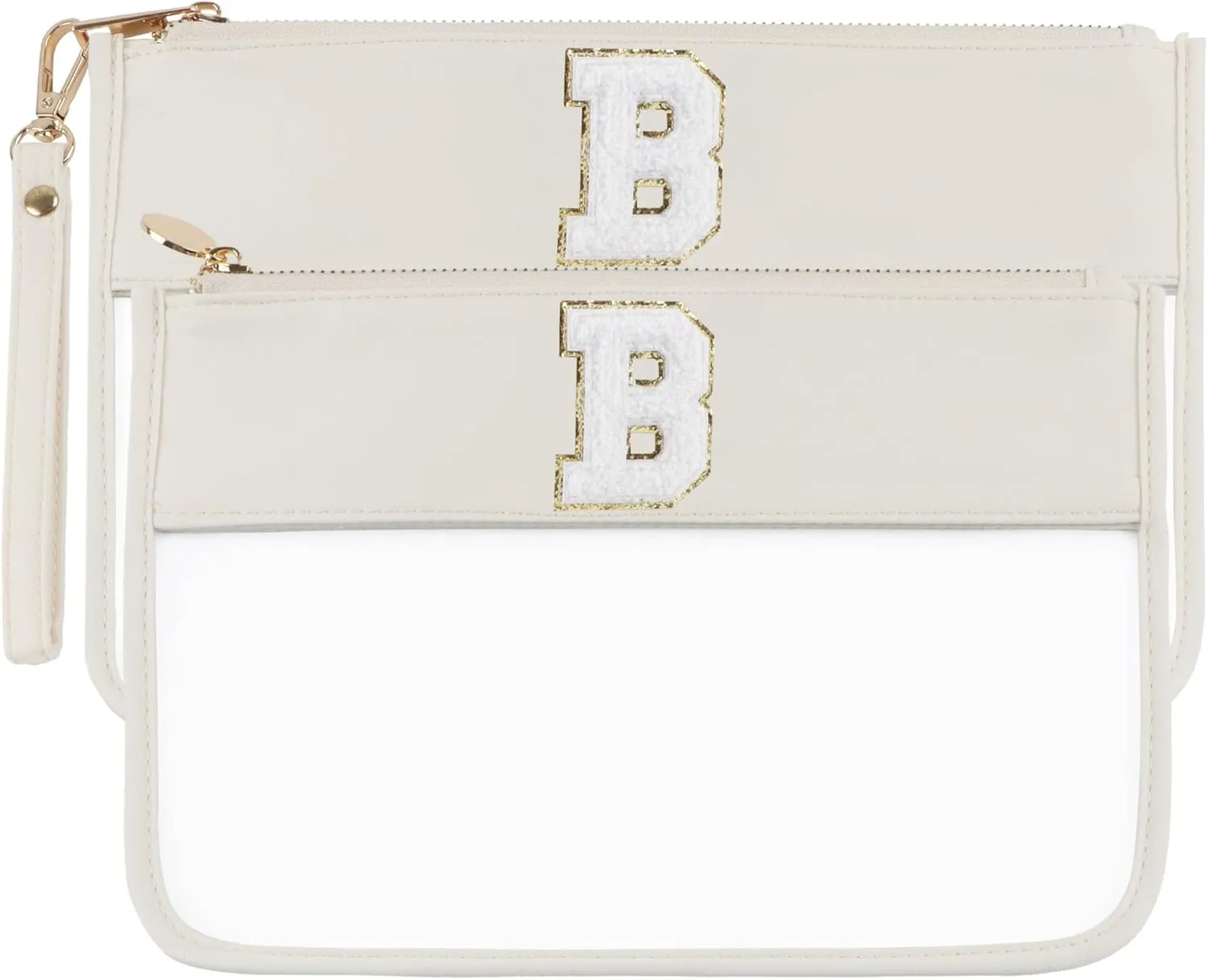 Clear Makeup Bag Set 2pcs Glitter Chenille Monogram Snacks Travel Essentials Flat Zipper Pouch Cosmetic Brush for Women (Beige Set- B)