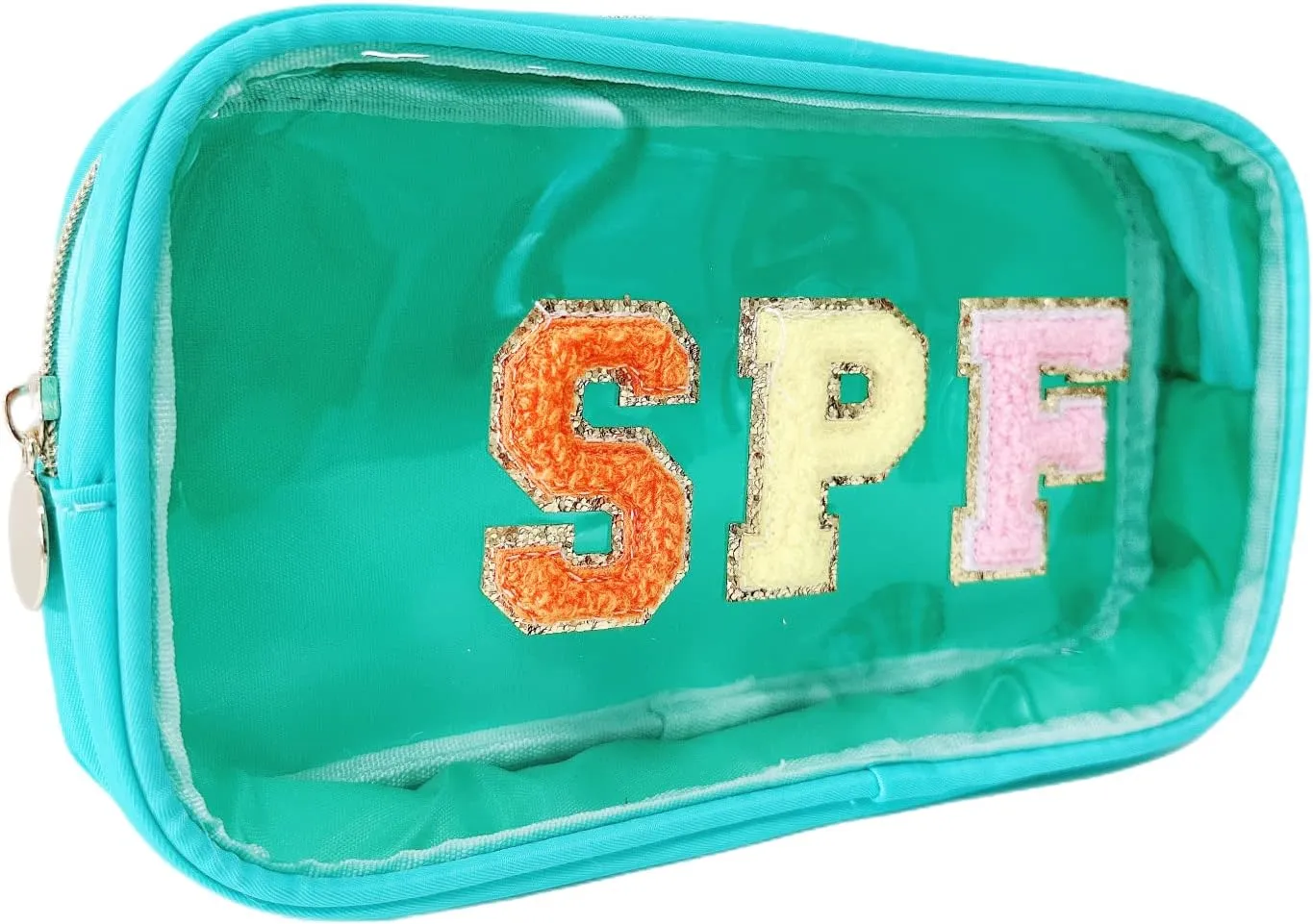 Clear Makeup Letter Bag with Chenille Letter Patch and Glitter SPF for Travel