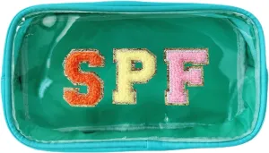 Clear Makeup Letter Bag with Chenille Letter Patch and Glitter SPF for Travel