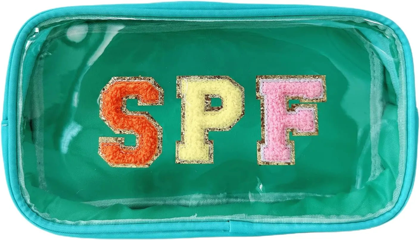 Clear Makeup Letter Bag with Chenille Letter Patch and Glitter SPF for Travel