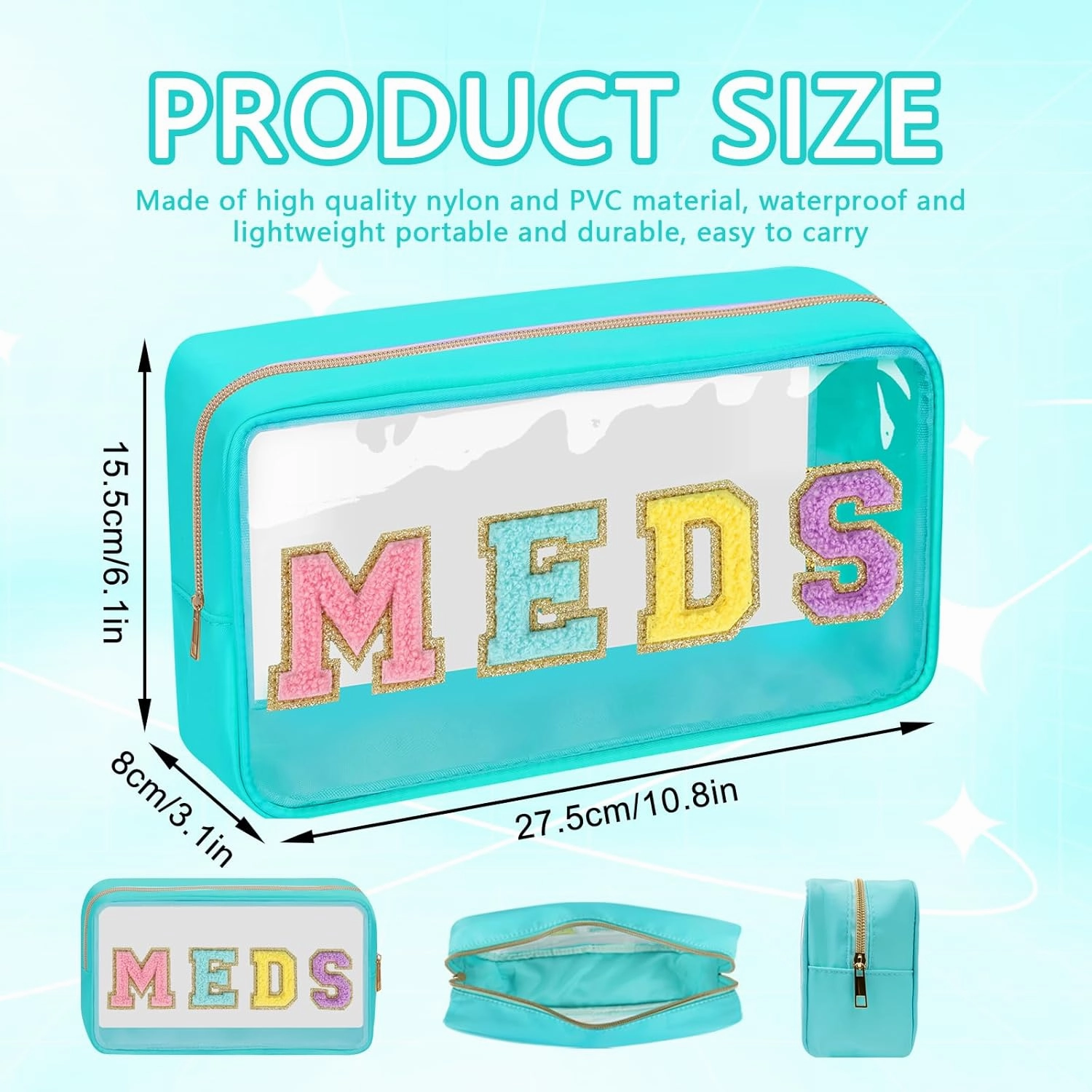 Clear Letter Patch Medicine Bag Drugs Pouch with Zipper, Travel Portable Cosmetic Makeup Bag for Women Girls, Waterproof Nylon PVC Toiletry Meds Storage Case Chenille Letter Stadium Bag(Green, MEDS)