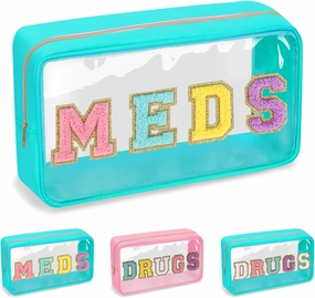 Clear Letter Patch Medicine Bag Drugs Pouch with Zipper, Travel Portable Cosmetic Makeup Bag for Women Girls, Waterproof Nylon PVC Toiletry Meds Storage Case Chenille Letter Stadium Bag(Green, MEDS)