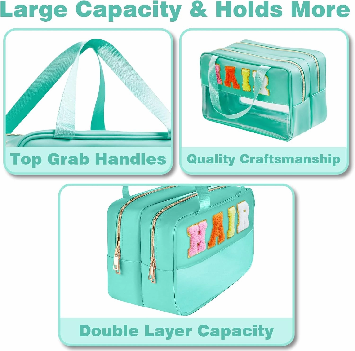 Clear Makeup Bags Hair Pouch Hair Accessories Organizer Chenille Letter Preppy Stuff Hair Bags for Hair Stuff Glitter Cosmetic Travel Toiletry Storage for Women Girl (Green-HAIR)