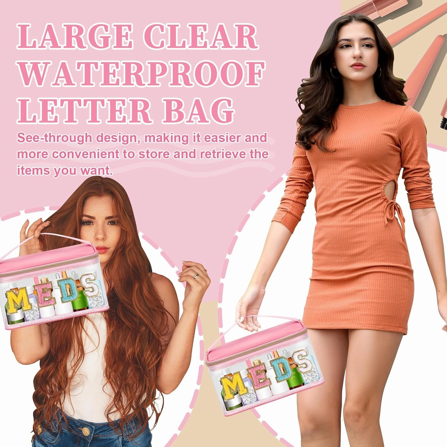 Clear Patch Letter Bag Medicine Drugs Pouch with Handle, Travel Chenille Letter Makeup Cosmetic Bag for Women Girls, Waterproof Nylon PVC Zipper Toiletry Meds Storage Case Stadium Bag(Pink, MEDS)