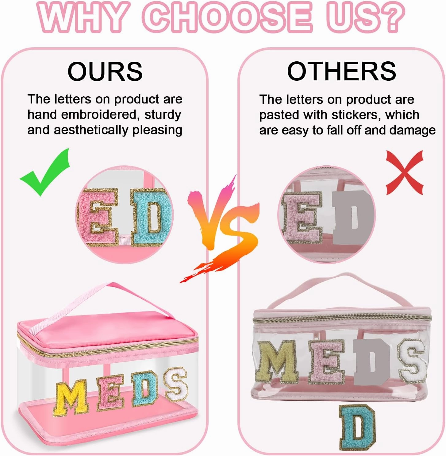 Clear Patch Letter Bag Medicine Drugs Pouch with Handle, Travel Chenille Letter Makeup Cosmetic Bag for Women Girls, Waterproof Nylon PVC Zipper Toiletry Meds Storage Case Stadium Bag(Pink, MEDS)