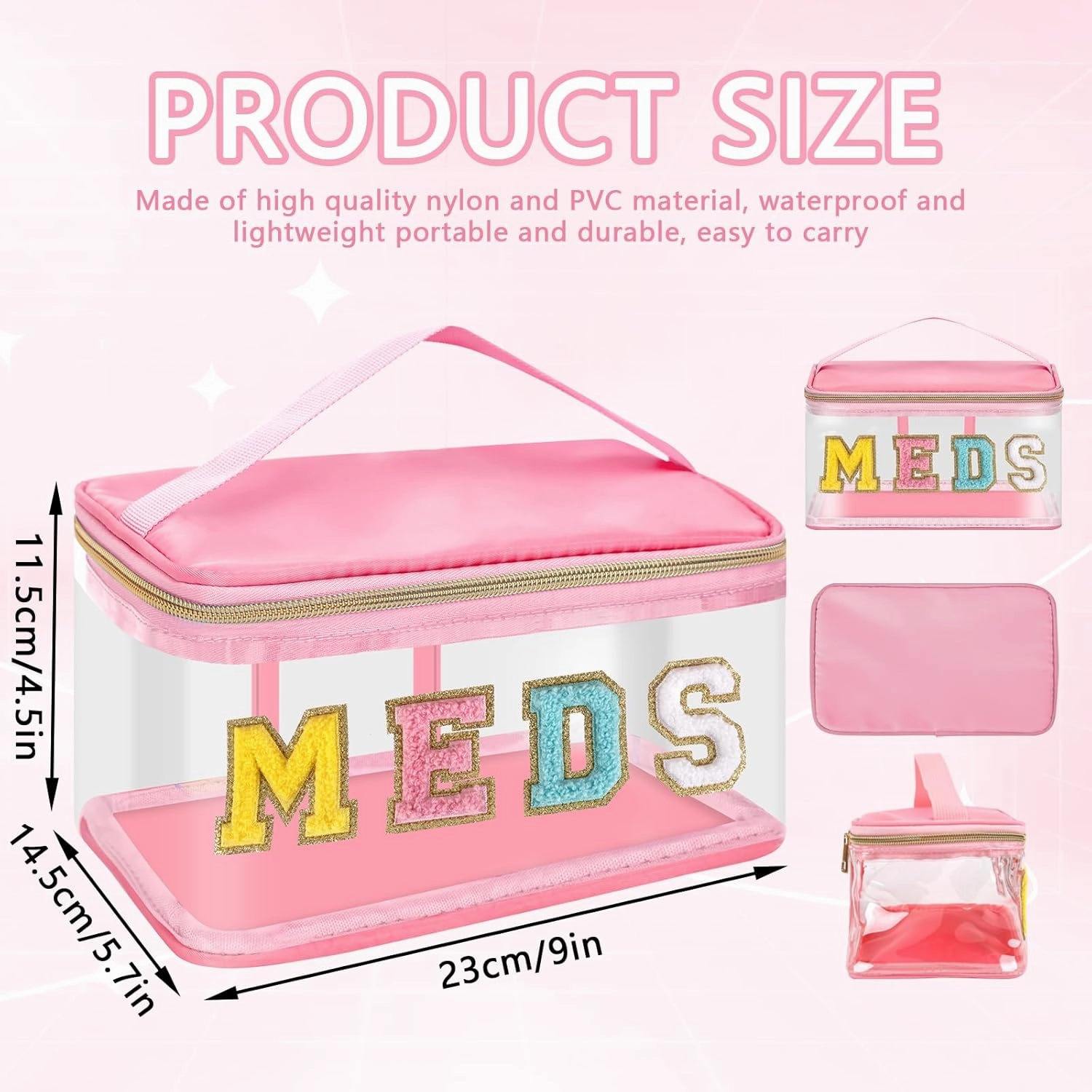 Clear Patch Letter Bag Medicine Drugs Pouch with Handle, Travel Chenille Letter Makeup Cosmetic Bag for Women Girls, Waterproof Nylon PVC Zipper Toiletry Meds Storage Case Stadium Bag(Pink, MEDS)
