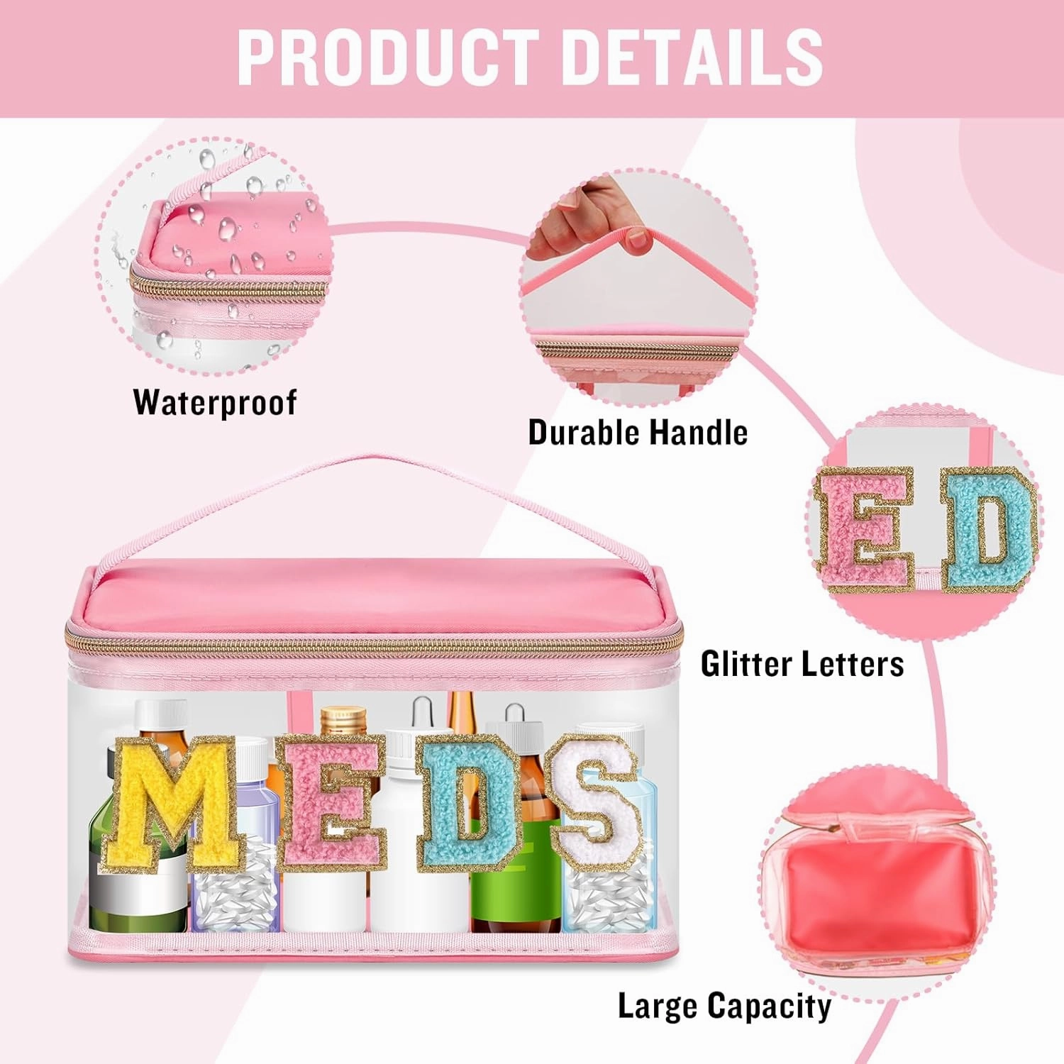 Clear Patch Letter Bag Medicine Drugs Pouch with Handle, Travel Chenille Letter Makeup Cosmetic Bag for Women Girls, Waterproof Nylon PVC Zipper Toiletry Meds Storage Case Stadium Bag(Pink, MEDS)