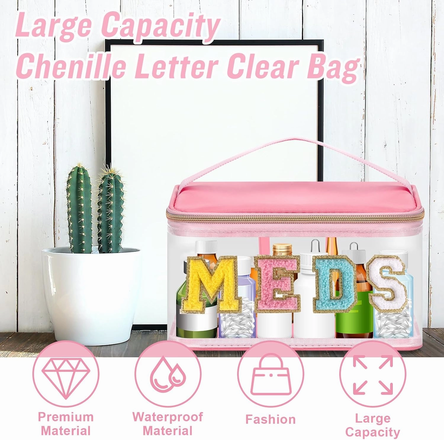 Clear Patch Letter Bag Medicine Drugs Pouch with Handle, Travel Chenille Letter Makeup Cosmetic Bag for Women Girls, Waterproof Nylon PVC Zipper Toiletry Meds Storage Case Stadium Bag(Pink, MEDS)