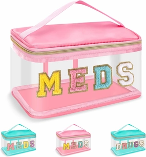 Clear Patch Letter Bag Medicine Drugs Pouch with Handle, Travel Chenille Letter Makeup Cosmetic Bag for Women Girls, Waterproof Nylon PVC Zipper Toiletry Meds Storage Case Stadium Bag(Pink, MEDS)