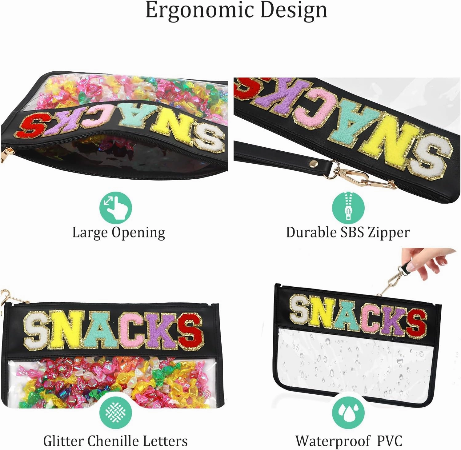 Clear Pouch Glitter Letter Zipper Pouch Clear Makeup Bags for Travel Small Snacks Bag Preppy Cosmetic Stuff Bag for Women (Snacks Black)