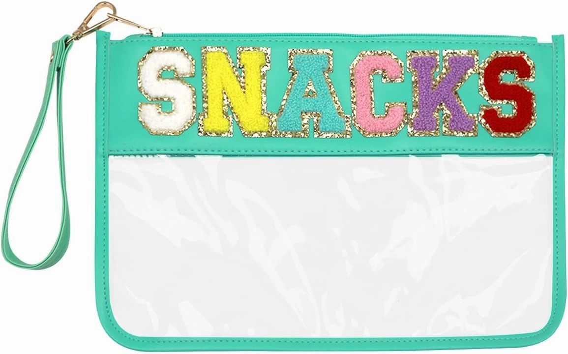 Clear Pouch Glitter Letter Zipper Pouch Clear Makeup Bags for Travel Small Snacks Bag Preppy Cosmetic Stuff Bag for Women (Snacks Blue)
