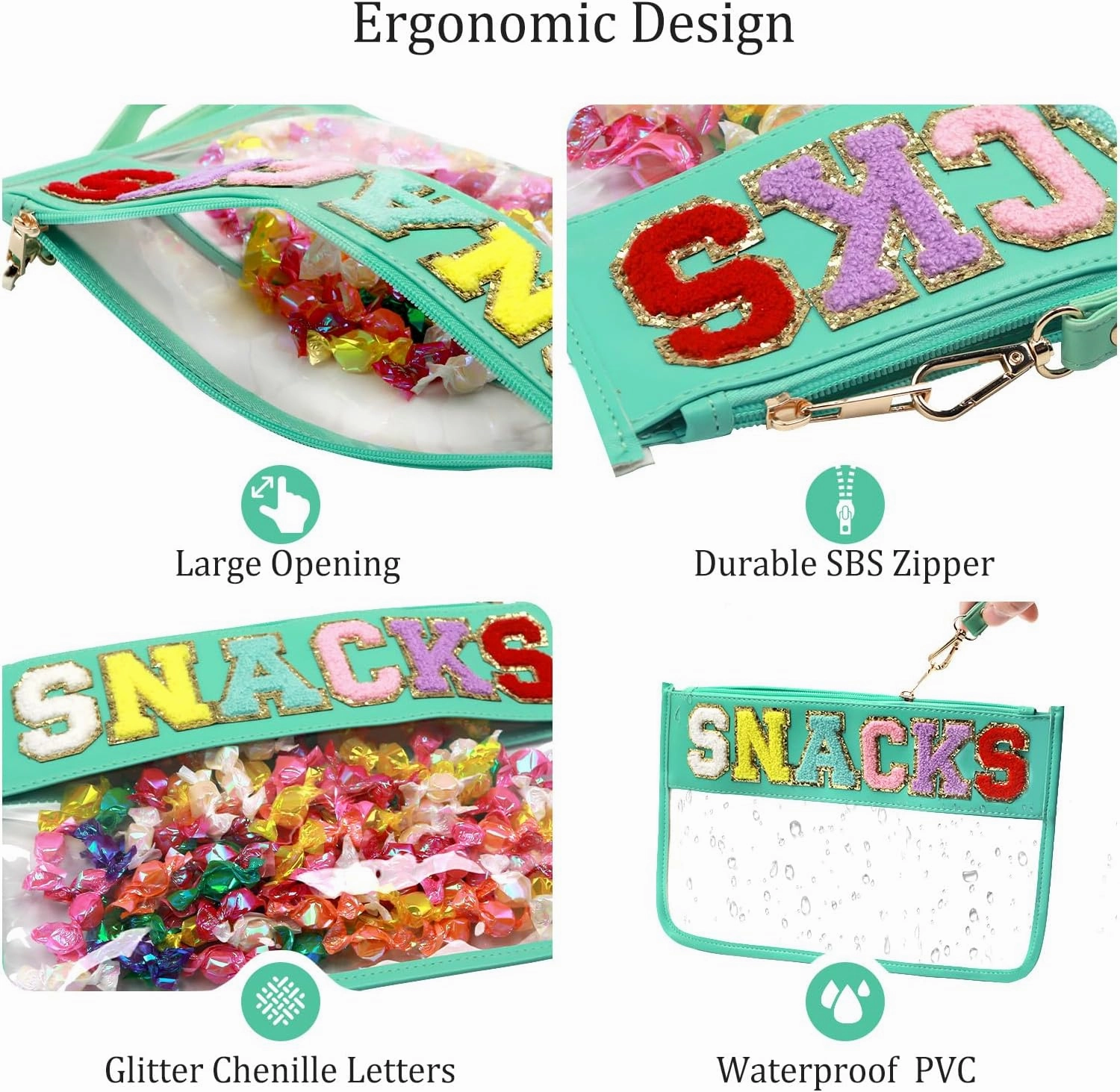 Clear Pouch Glitter Letter Zipper Pouch Clear Makeup Bags for Travel Small Snacks Bag Preppy Cosmetic Stuff Bag for Women (Snacks Blue)