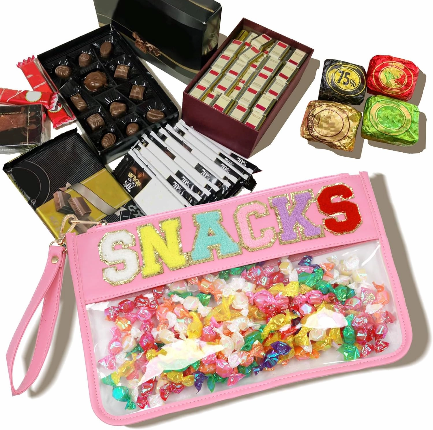 Clear Pouch Glitter Letter Zipper Pouch Clear Makeup Bags for Travel Small Snacks Bag Preppy Cosmetic Stuff Bag for Women (Snacks Pink)
