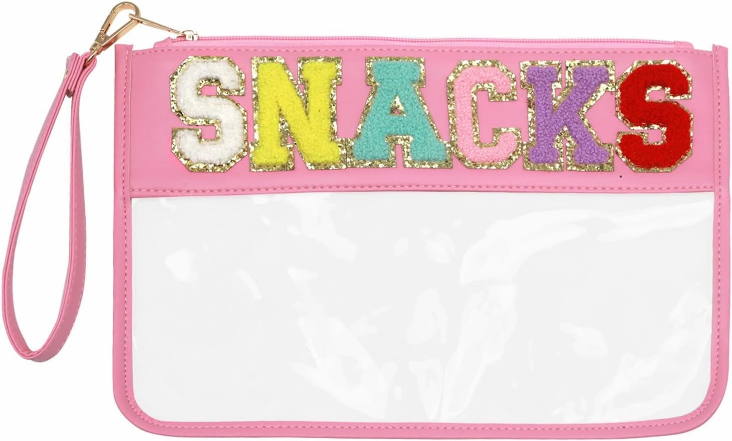 Clear Pouch Glitter Letter Zipper Pouch Clear Makeup Bags for Travel Small Snacks Bag Preppy Cosmetic Stuff Bag for Women (Snacks Pink)
