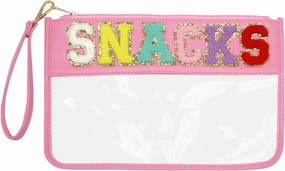 Clear Pouch Glitter Letter Zipper Pouch Clear Makeup Bags for Travel Small Snacks Bag Preppy Cosmetic Stuff Bag for Women (Snacks Pink)