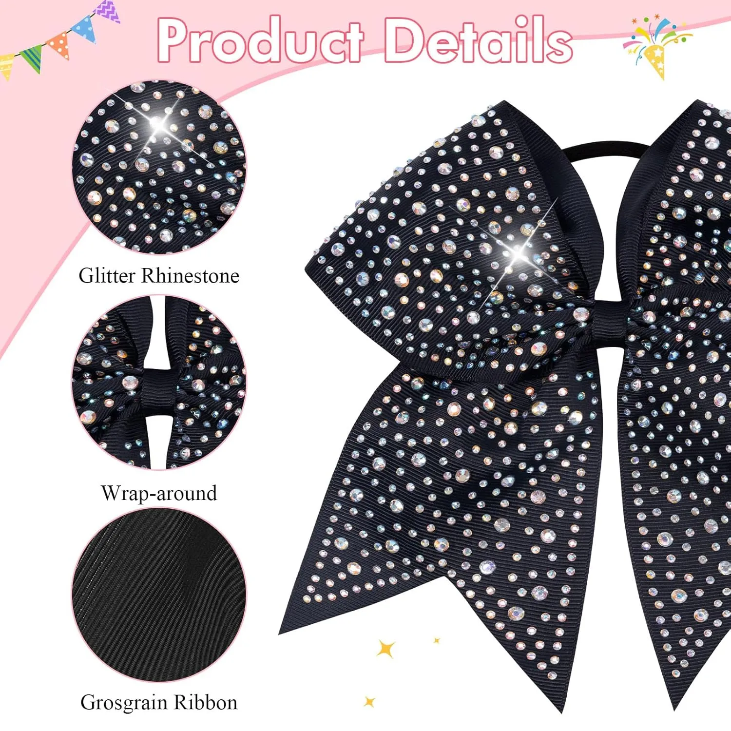 CN 10PCS Rhinestones Cheer Bows for Cheerleaders, Black Glitter Hair Bows for Girls Large Elastic Ponytail Holder, Hair Accessories for Women Teens for Softball Competition School Spirit
