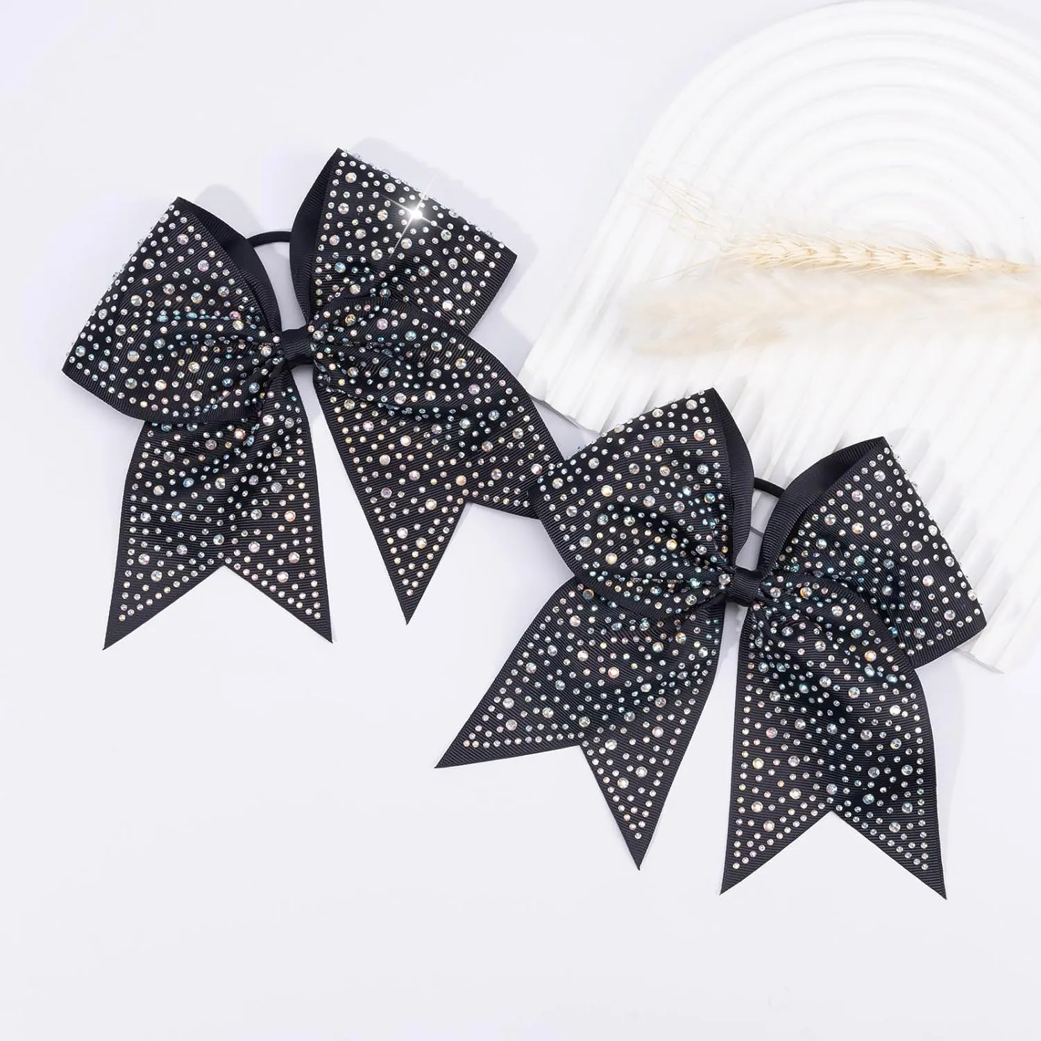 CN 10PCS Rhinestones Cheer Bows for Cheerleaders, Black Glitter Hair Bows for Girls Large Elastic Ponytail Holder, Hair Accessories for Women Teens for Softball Competition School Spirit