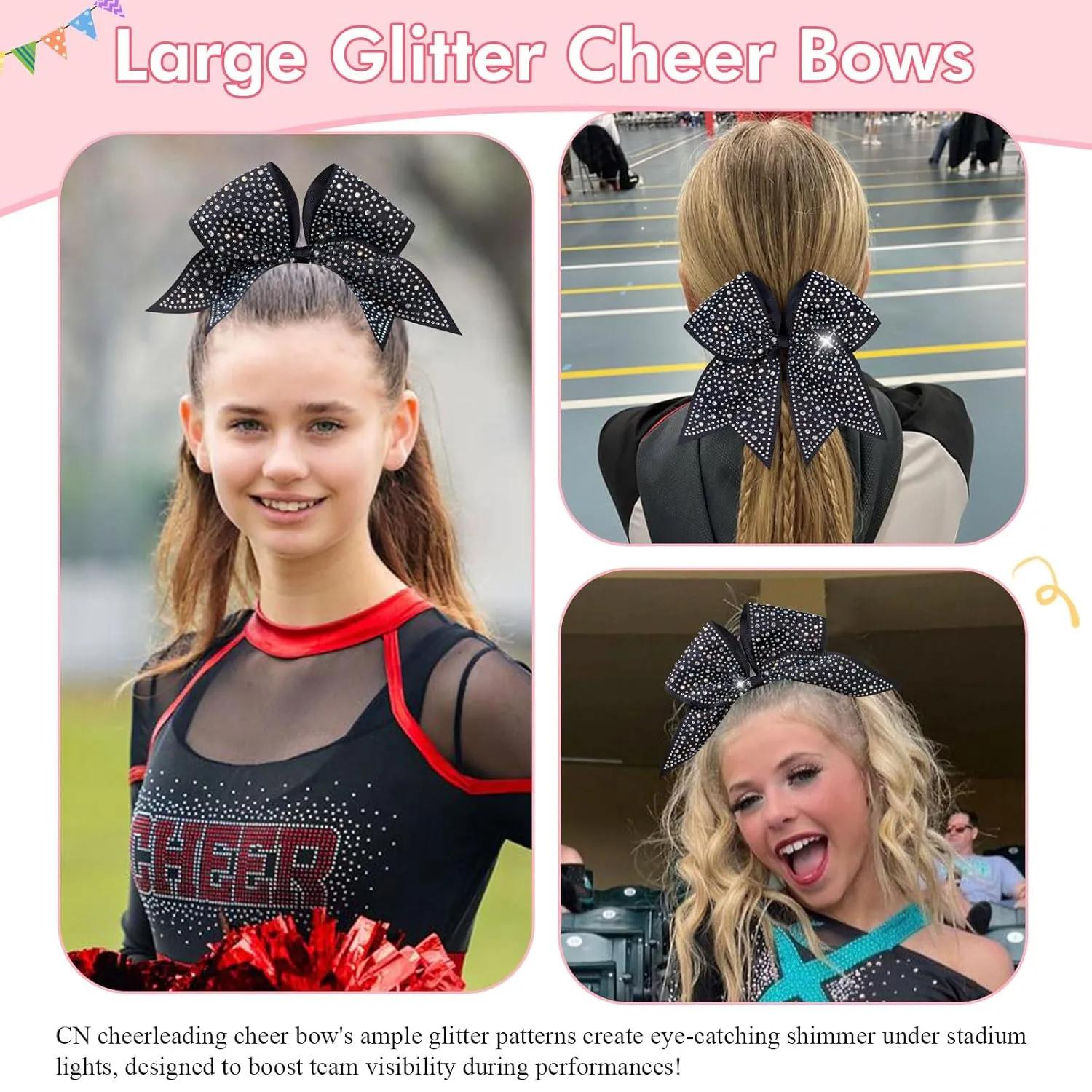 CN 10PCS Rhinestones Cheer Bows for Cheerleaders, Black Glitter Hair Bows for Girls Large Elastic Ponytail Holder, Hair Accessories for Women Teens for Softball Competition School Spirit