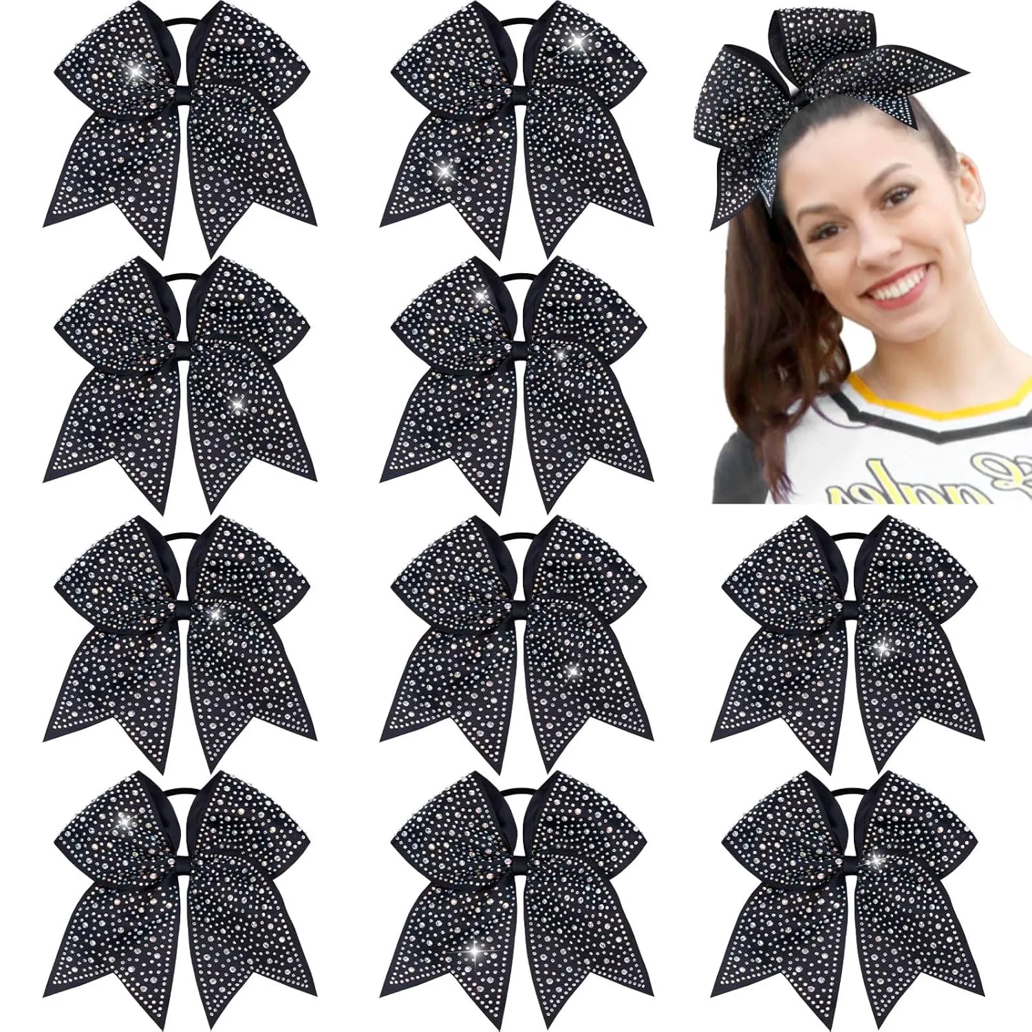 CN 10PCS Rhinestones Cheer Bows for Cheerleaders, Black Glitter Hair Bows for Girls Large Elastic Ponytail Holder, Hair Accessories for Women Teens for Softball Competition School Spirit