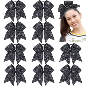 CN 10PCS Rhinestones Cheer Bows for Cheerleaders, Black Glitter Hair Bows for Girls Large Elastic Ponytail Holder, Hair Accessories for Women Teens for Softball Competition School Spirit