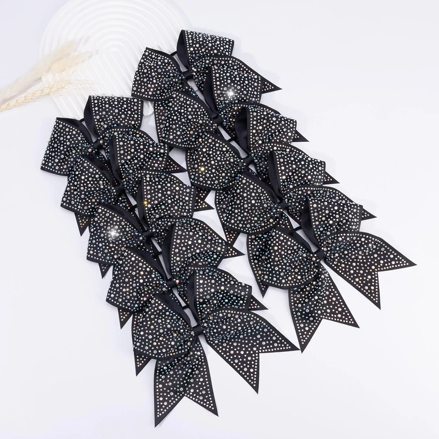 CN 10PCS Rhinestones Cheer Bows for Cheerleaders, Black Glitter Hair Bows for Girls Large Elastic Ponytail Holder, Hair Accessories for Women Teens for Softball Competition School Spirit