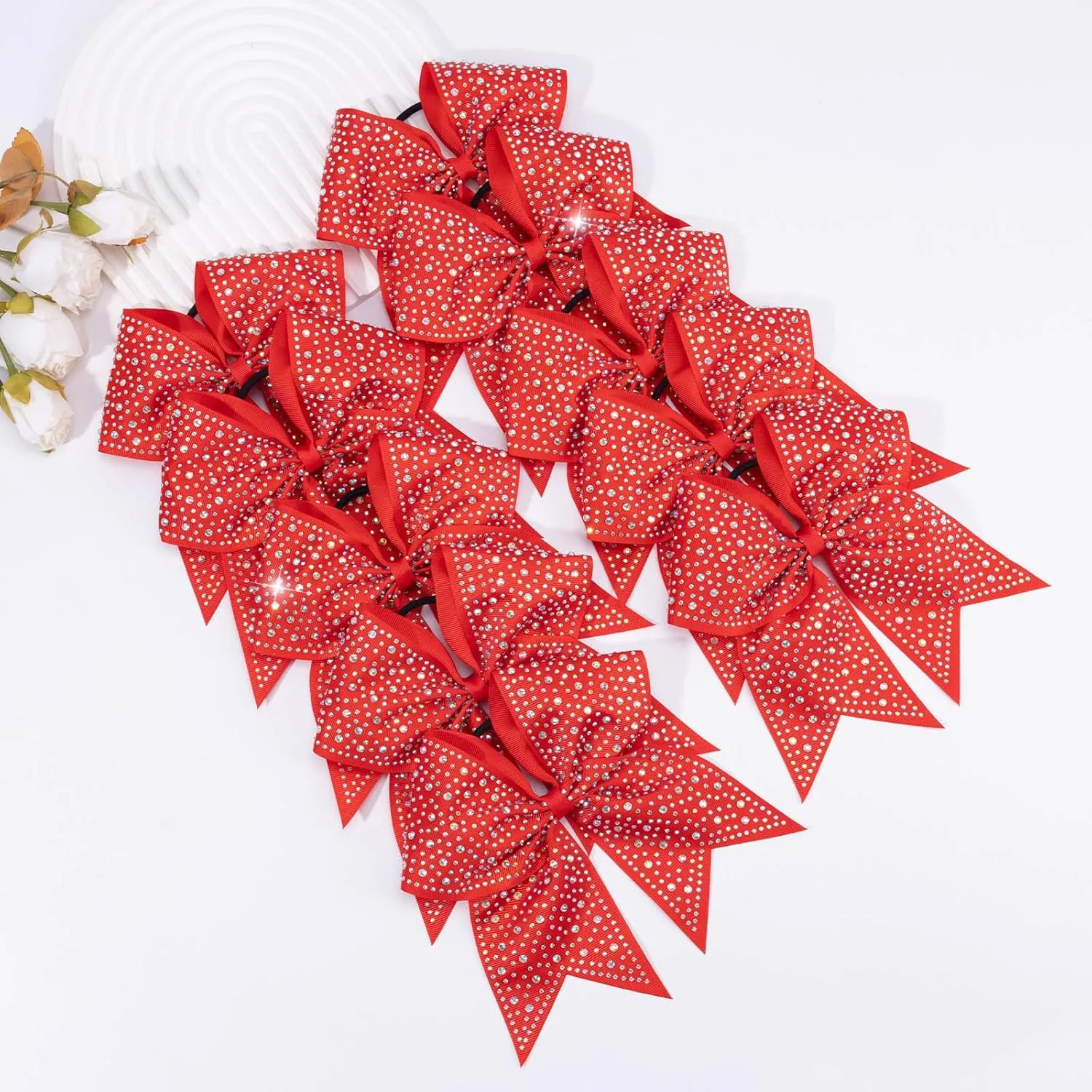 CN 10PCS Rhinestones Cheer Bows for Cheerleaders, Red Glitter Hair Bows for Girls Large Elastic Ponytail Holder, Hair Accessories for Women Teens for Softball Competition School Spirit