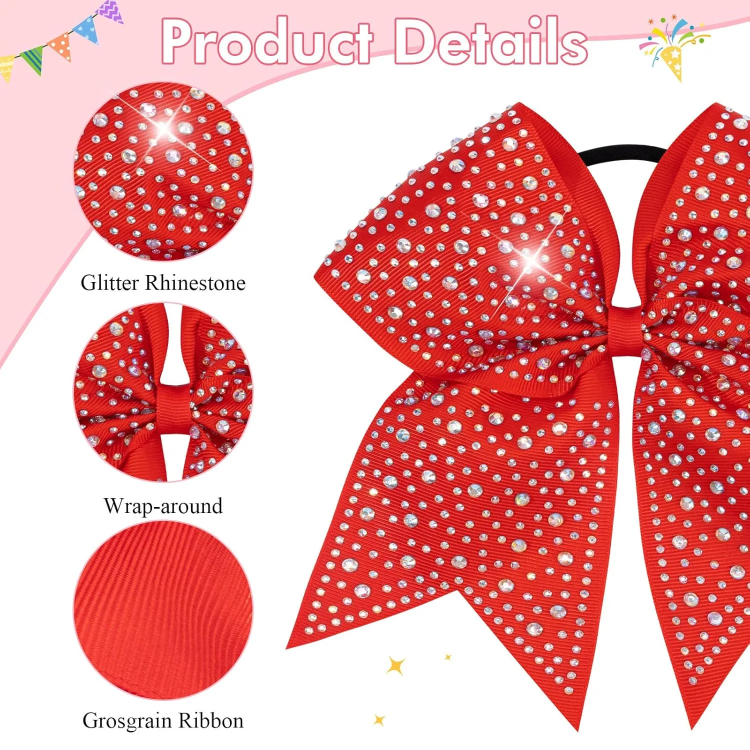 CN 10PCS Rhinestones Cheer Bows for Cheerleaders, Red Glitter Hair Bows for Girls Large Elastic Ponytail Holder, Hair Accessories for Women Teens for Softball Competition School Spirit