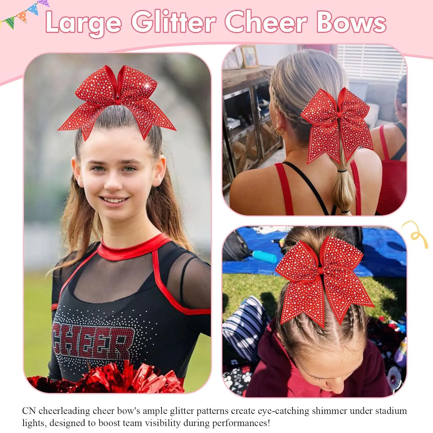 CN 10PCS Rhinestones Cheer Bows for Cheerleaders, Red Glitter Hair Bows for Girls Large Elastic Ponytail Holder, Hair Accessories for Women Teens for Softball Competition School Spirit