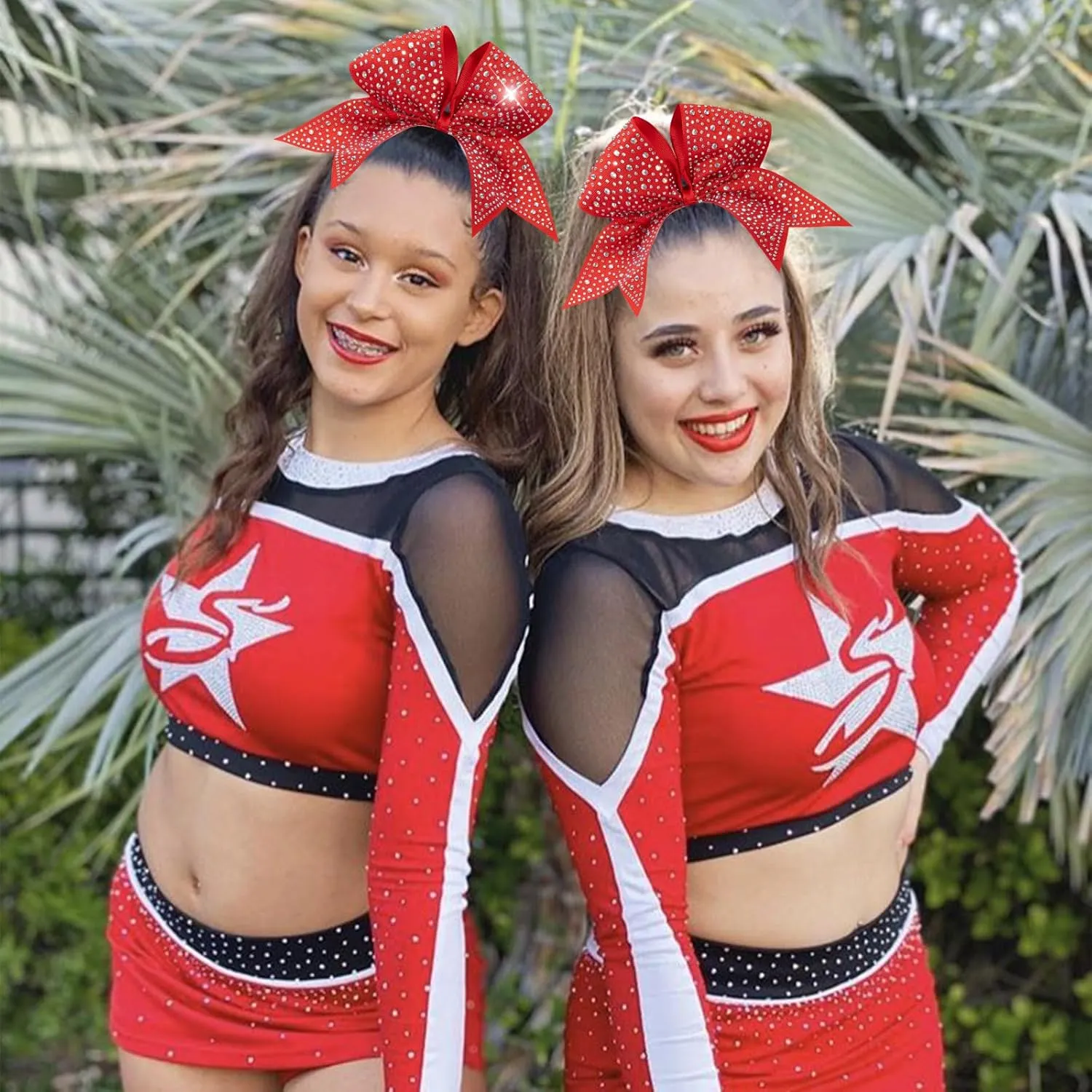 CN 10PCS Rhinestones Cheer Bows for Cheerleaders, Red Glitter Hair Bows for Girls Large Elastic Ponytail Holder, Hair Accessories for Women Teens for Softball Competition School Spirit
