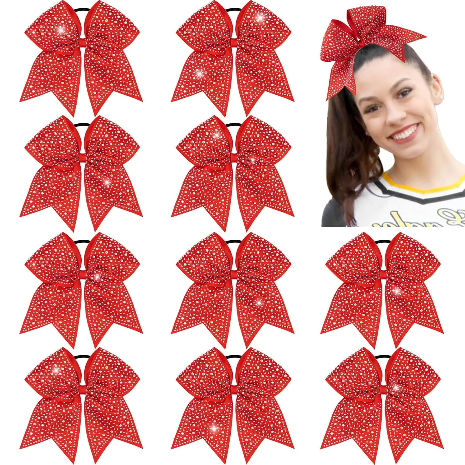 CN 10PCS Rhinestones Cheer Bows for Cheerleaders, Red Glitter Hair Bows for Girls Large Elastic Ponytail Holder, Hair Accessories for Women Teens for Softball Competition School Spirit