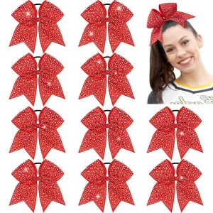 CN 10PCS Rhinestones Cheer Bows for Cheerleaders, Red Glitter Hair Bows for Girls Large Elastic Ponytail Holder, Hair Accessories for Women Teens for Softball Competition School Spirit