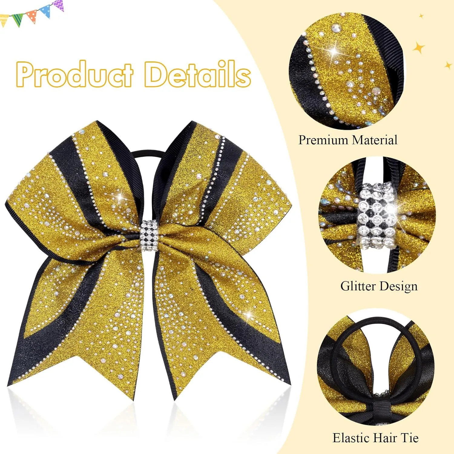 CN 6PCS Glitter Cheer Bows for Cheerleaders, Gold Sparkly Large Hair Bows for Girls Cheerleading with Elastic Hair Ties，Cheer Hair Accessories for Softball Competition School Spirit
