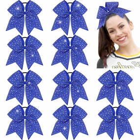 CN 10PCS Rhinestones Cheer Bows for Cheerleaders, Blue Glitter Hair Bows for Girls Large Elastic Ponytail Holder, Hair Accessories for Women Teens for Softball Competition School Spirit