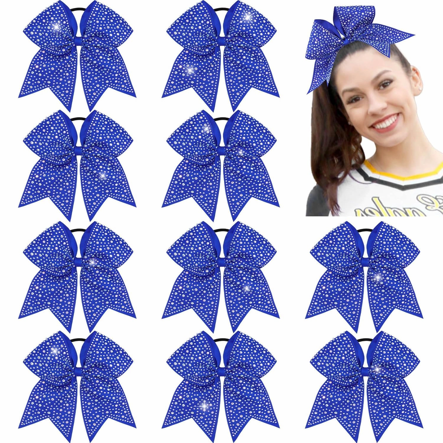 CN 10PCS Rhinestones Cheer Bows for Cheerleaders, Blue Glitter Hair Bows for Girls Large Elastic Ponytail Holder, Hair Accessories for Women Teens for Softball Competition School Spirit