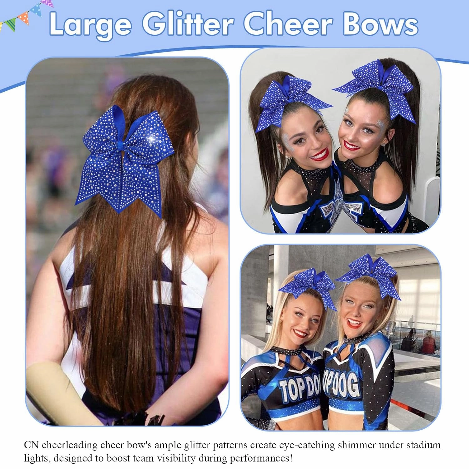 CN 10PCS Rhinestones Cheer Bows for Cheerleaders, Blue Glitter Hair Bows for Girls Large Elastic Ponytail Holder, Hair Accessories for Women Teens for Softball Competition School Spirit