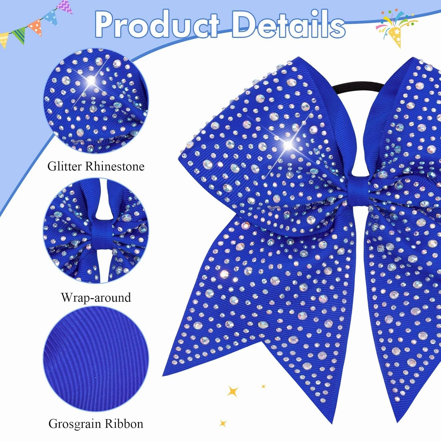 CN 10PCS Rhinestones Cheer Bows for Cheerleaders, Blue Glitter Hair Bows for Girls Large Elastic Ponytail Holder, Hair Accessories for Women Teens for Softball Competition School Spirit
