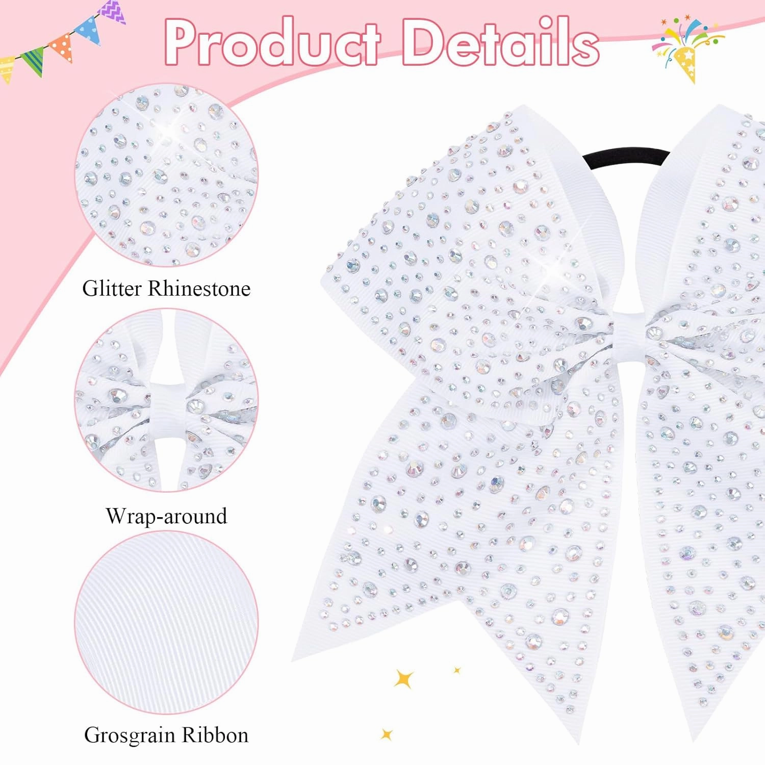 CN 10PCS Rhinestones Cheer Bows for Cheerleaders, White Glitter Hair Bows for Girls Large Elastic Ponytail Holder, Hair Accessories for Women Teens for Softball Competition School Spirit