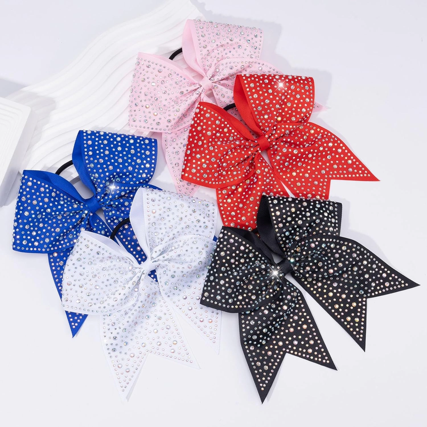 CN 10PCS Rhinestones Cheer Bows for Cheerleaders, White Glitter Hair Bows for Girls Large Elastic Ponytail Holder, Hair Accessories for Women Teens for Softball Competition School Spirit
