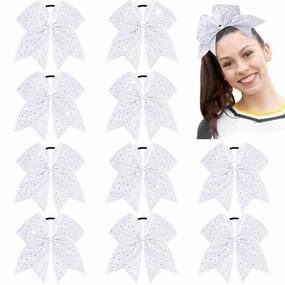 CN 10PCS Rhinestones Cheer Bows for Cheerleaders, White Glitter Hair Bows for Girls Large Elastic Ponytail Holder, Hair Accessories for Women Teens for Softball Competition School Spirit