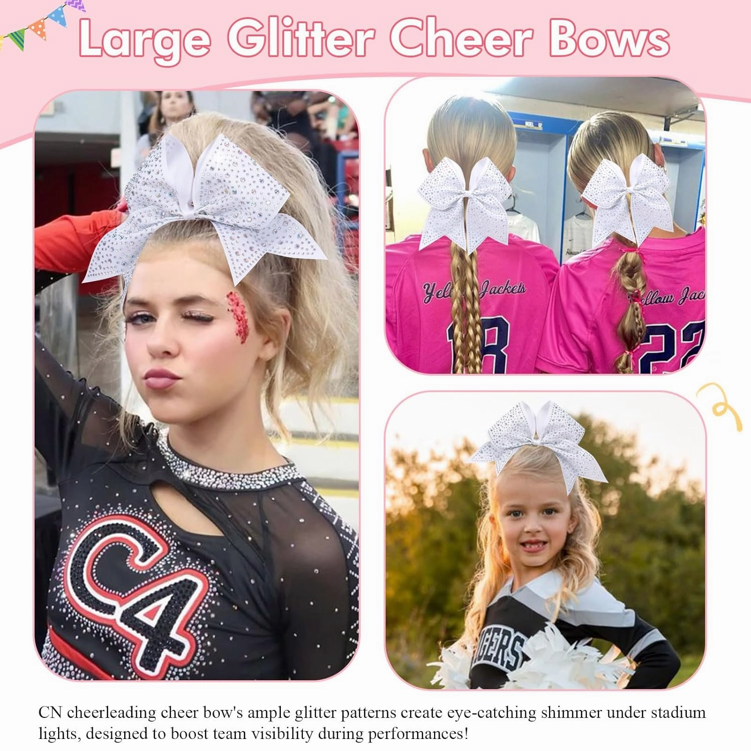 CN 10PCS Rhinestones Cheer Bows for Cheerleaders, White Glitter Hair Bows for Girls Large Elastic Ponytail Holder, Hair Accessories for Women Teens for Softball Competition School Spirit
