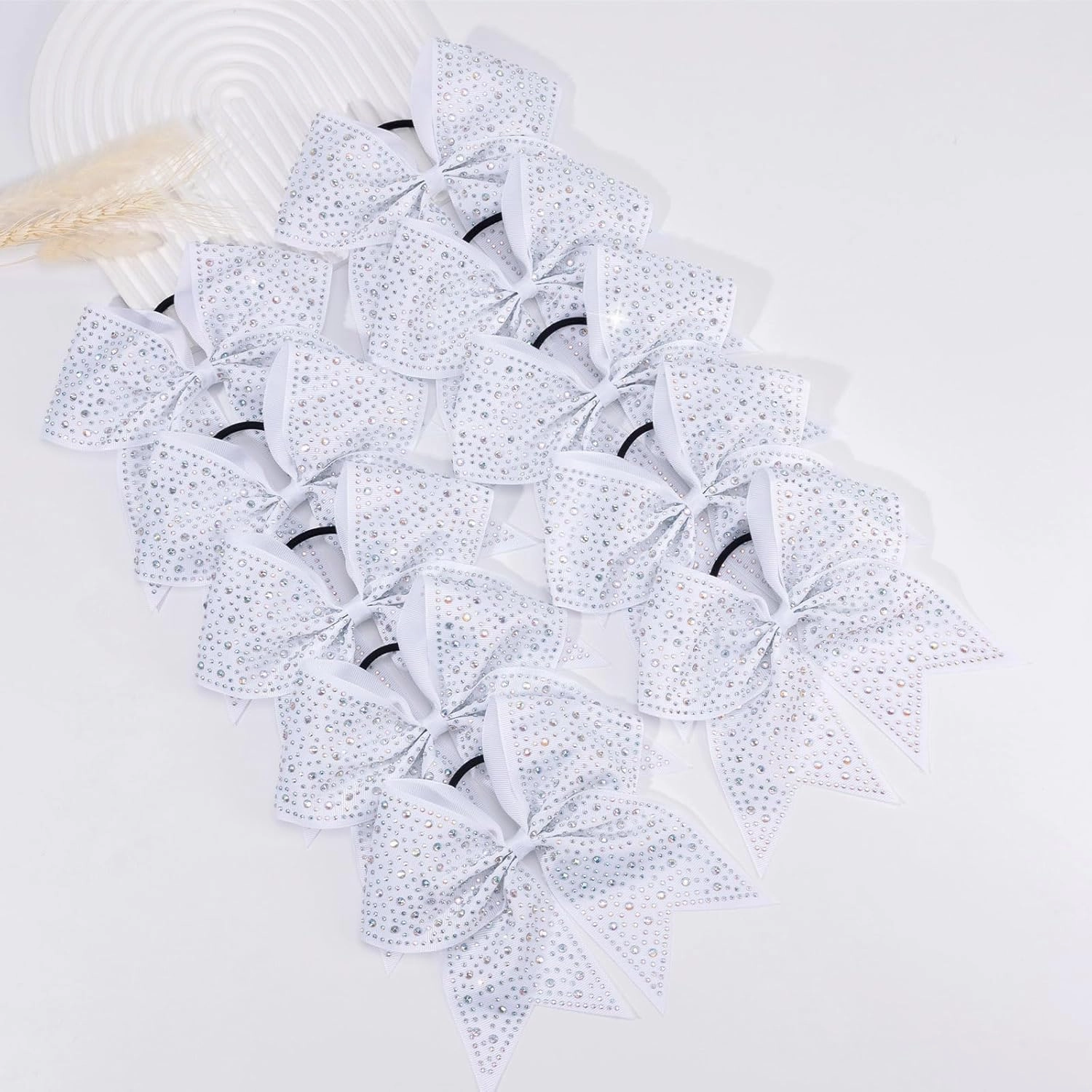 CN 10PCS Rhinestones Cheer Bows for Cheerleaders, White Glitter Hair Bows for Girls Large Elastic Ponytail Holder, Hair Accessories for Women Teens for Softball Competition School Spirit